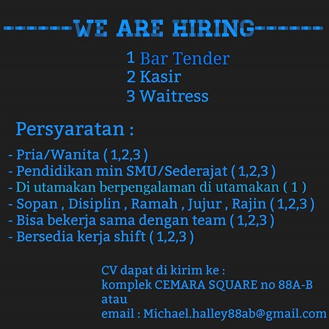 Lowongan Kerja Bartender, Kasir & Waitress